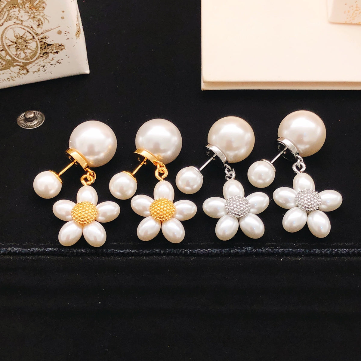 yellow brass floral Stud Earrings for women - alternate angle view 6