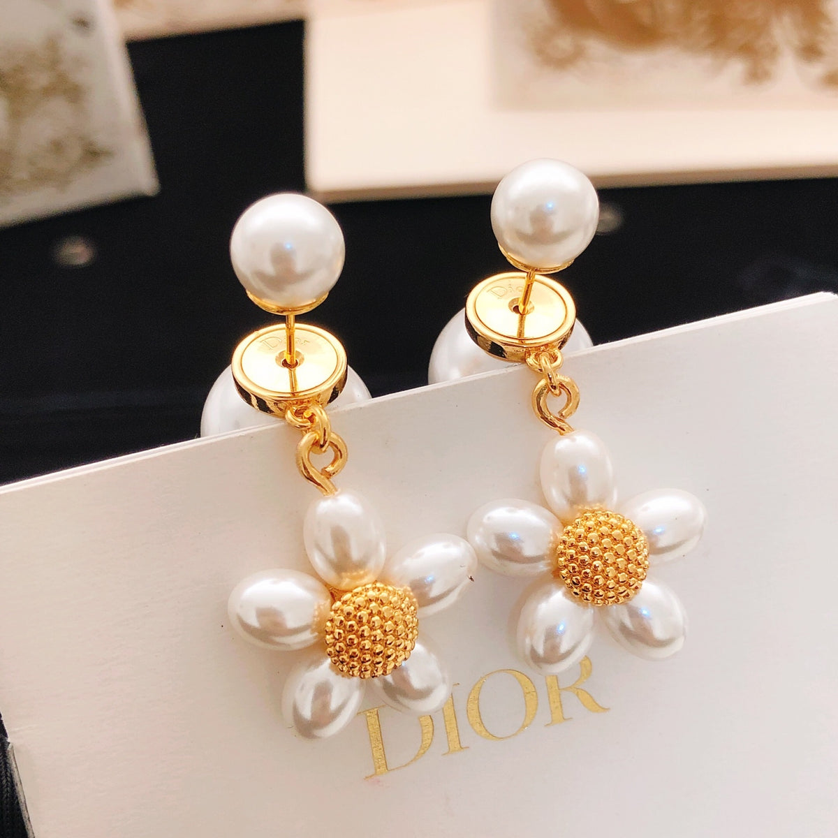 yellow brass floral Stud Earrings for women - alternate angle view 2