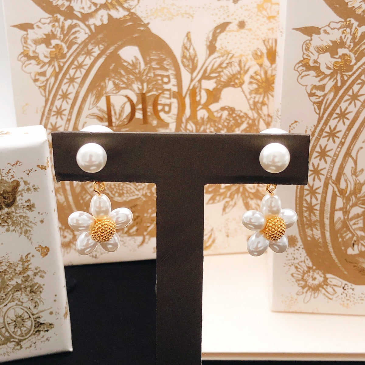 yellow brass floral Stud Earrings for women - alternate angle view 5