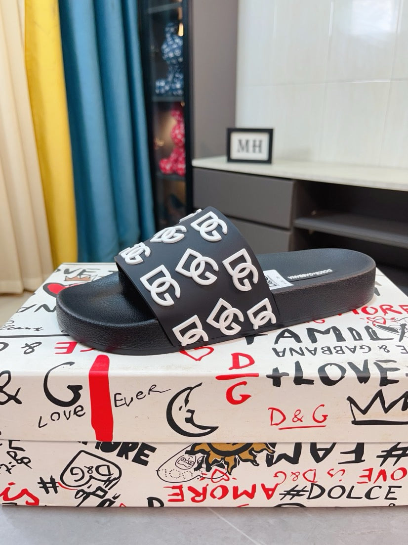 Dolce & Gabbana DG Men's Calfskin Puff Slides with Embossed Logo